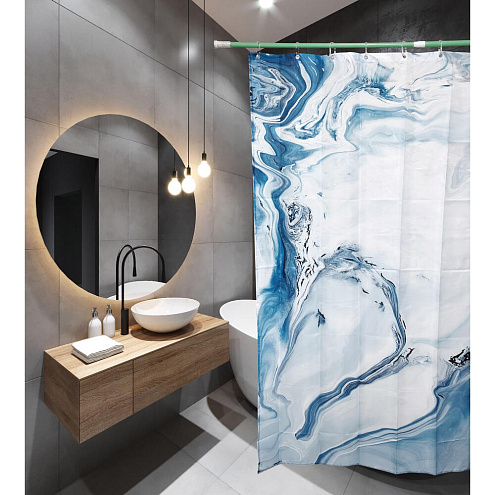 Занавеска-штора для ванн SANTREK HOME 180х180 ФОТОПРИНТ Polyester 20077 с кольцами Голубой мрамор П219: фотография 1