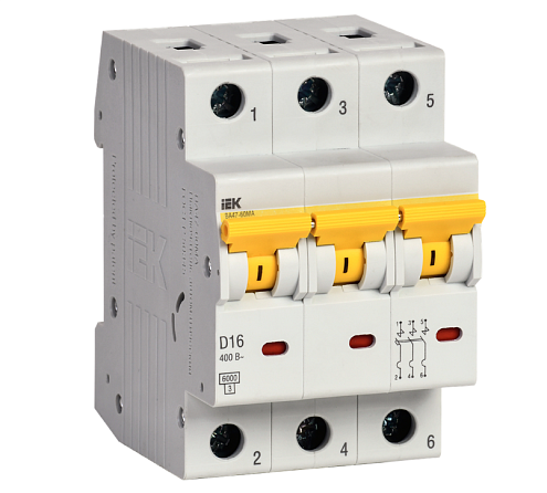 Выключатель автоматический модульный 3п D 16А 6кА ВА47-60МА без теплового расцепителя KARAT IEK MVA33-3-016-D: фотография 1