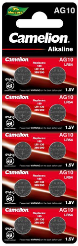 Элемент питания алкалиновый &quot;таблетка&quot; LR1130/389A/189/G10 Mercury Free AG10-BP0%Hg для часов BL-10 (блист.10шт) Camelion 12818: фотография 1