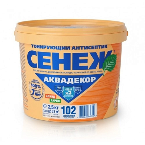 Сенеж Аквадекор Х2 102 бесцветный 2,5кг, алкидно-акрилатный антисептик с УФ защитой: фотография 1