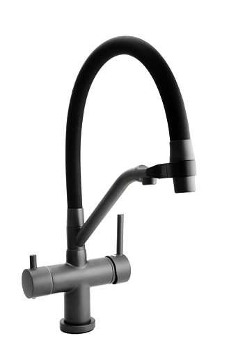 Смеситель для кухни SANTREK AQUA-1028 "Prestige" шар.d-35 с гибким силиконовым изливом, с фильтром питьевой воды, оружейная сталь/черный: фотография 1