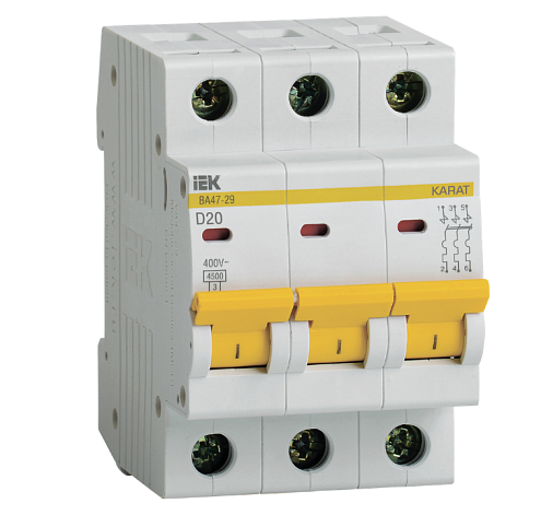 Выключатель автоматический модульный 3п D 20А 4.5кА ВА47-29 KARAT IEK MVA20-3-020-D: фотография 1