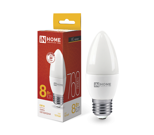 Лампа светодиодная LED-СВЕЧА-VC 8Вт 230В Е27 3000К 760Лм IN HOME 4690612020440: фотография 1