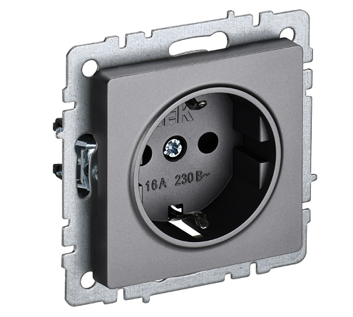 Розетка 1-местная BRITE с заземлением с защитными шторками 16А РС14-1-0-БрС сталь IEK BR-R14-16-K46: фотография 1