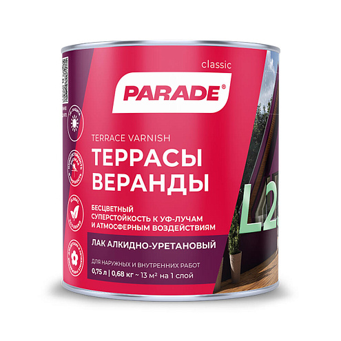 Лак алкидно-уретановый PARADE L25 Террасы & Веранды, для наружных и внутренних работ, полуматовый, 0,75л : фотография 1