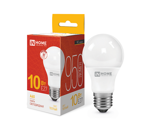 Лампа светодиодная LED-A60-VC 10Вт груша 230В Е27 3000К 950Лм IN HOME 4690612020204: фотография 1