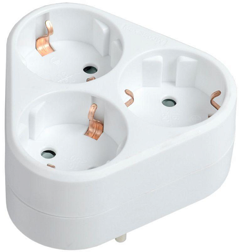 Тройник Т-01/03 3 места 2P+PE 16А треугольный бел. IEK WTP10-16-03-Z-K01: фотография 1