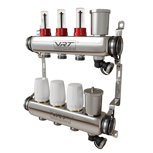 Коллекторная группа VRT 1'' х 3/4'' (евроконус)  3 выхода, автоматические воздухоотводчики, c расходомерами: фотография 1