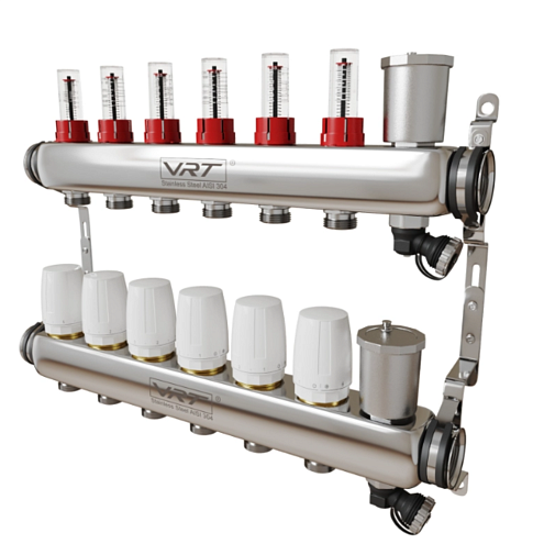 Коллекторная группа VRT 1'' х 3/4'' (евроконус)  6 выходов, автоматические воздухоотводчики, c расходомерами: фотография 1