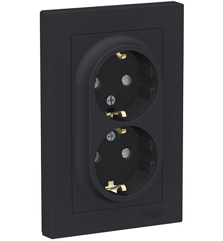Розетка 2-м ATLAS DESIGN с заземл. защ. шторки 16А в сборе карбон SchE ATN001026: фотография 1