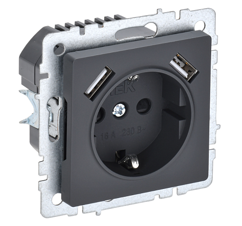 Розетка BRITE РЮш10-1-БрГ 1-местная с заземлением с защитными шторками 16А с USB A+A 5В 2,1А  механизм графит IEK BR-R14-16-U21-D21-K53: фотография 1