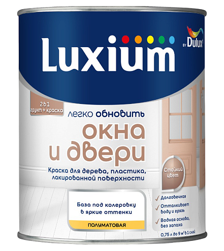 Краска 2в1 Luxium by Dulux Окна и двери 0,75л BC, полуматовая: фотография 1