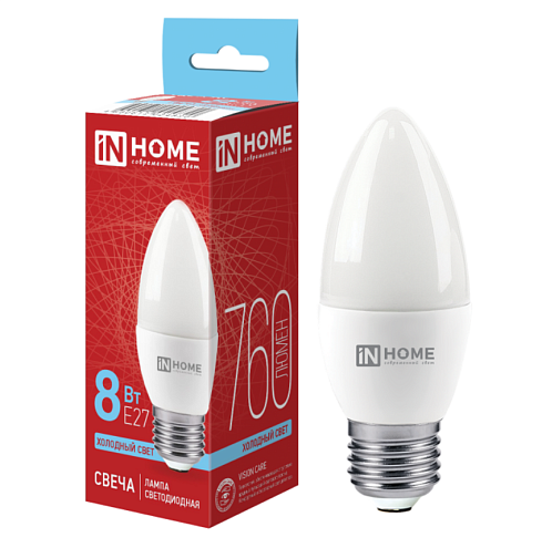 Лампа светодиодная LED-СВЕЧА-VC 8Вт 230В Е27 6500К 760Лм IN HOME 4690612024820: фотография 1