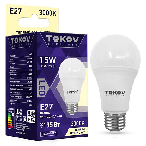 Лампа светодиодная 15Вт А60 3000К Е27 176-264В TOKOV ELECTRIC TKE-A60-E27-15-3K: фотография 1