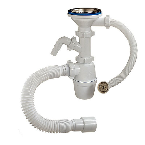 Сифон бутылочный 3 1/2&quot;х40 мм, с круглым переливом, одним отводом и гибкой трубой 40-40/50 для гранитной мойки ОРИО А-5011: фотография 1