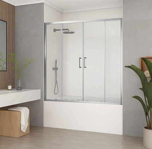 Шторка для ванны SANTREK AQUA Slim DF-1500-C-Chrome раздвижная, 1500х1400 стекло прозрачное 5мм, профиль  Хром: фотография 1