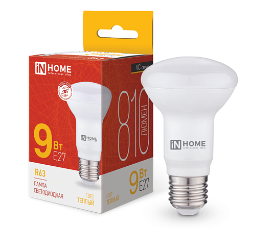 Лампа светодиодная LED-R63-VC 9Вт рефлектор 230В Е27 3000К 810Лм IN HOME 4690612024301: фотография 1