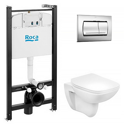 ПЭК Roca Debba Rimless: Инсталляция с подвесным унитазом, быстросъемное сиденье микролифт + Кнопка смыва Roca ACTIVE PL 52B, хром глянец : фотография 1