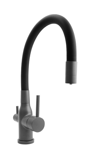 Смеситель для кухни SANTREK AQUA-1026 "Prestige" шар.d-35 с гибким силиконовым изливом,с подключением фильтра питьевой воды, оружейная сталь/черный: фотография 1
