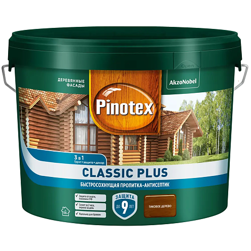 Пропитка-антисептик 3 в1 Pinotex Classic Plus акрил-алкидная, Тиковое дерево, 9л: фотография 1