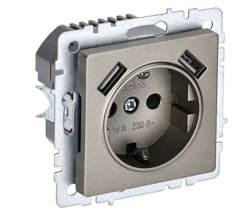 Розетка 1-местная BRITE РЮш10-2-БрШ с заземлением с защитными шторками 16А с USB A+A 5В 3,1А механизм шампань IEK BR-R14-16-U21-D31-K37: фотография 1