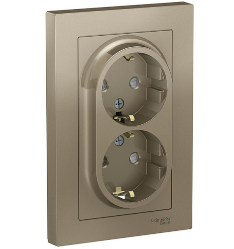 Розетка 2-м ATLAS DESIGN с заземл. защ. шторки 16А в сборе шампань SchE ATN000526: фотография 1