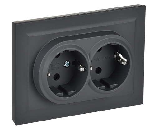 Розетка 2-местная BRITE РСш12-3-БрГ с заземлением с защитными шторками 16А в сборе графит IEK BR-R24-16-K53-F: фотография 1