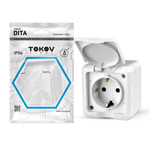 Розетка  1-местная Dita 16А IP54 250В с заземлением с крышкой белая TOKOV ELECTRIC TKL-DT-R1Z-C01-IP54: фотография 1